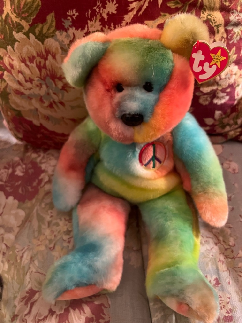 Ty Multicolor Tie-Dye Peace Bear Plush with Peace Emblem
